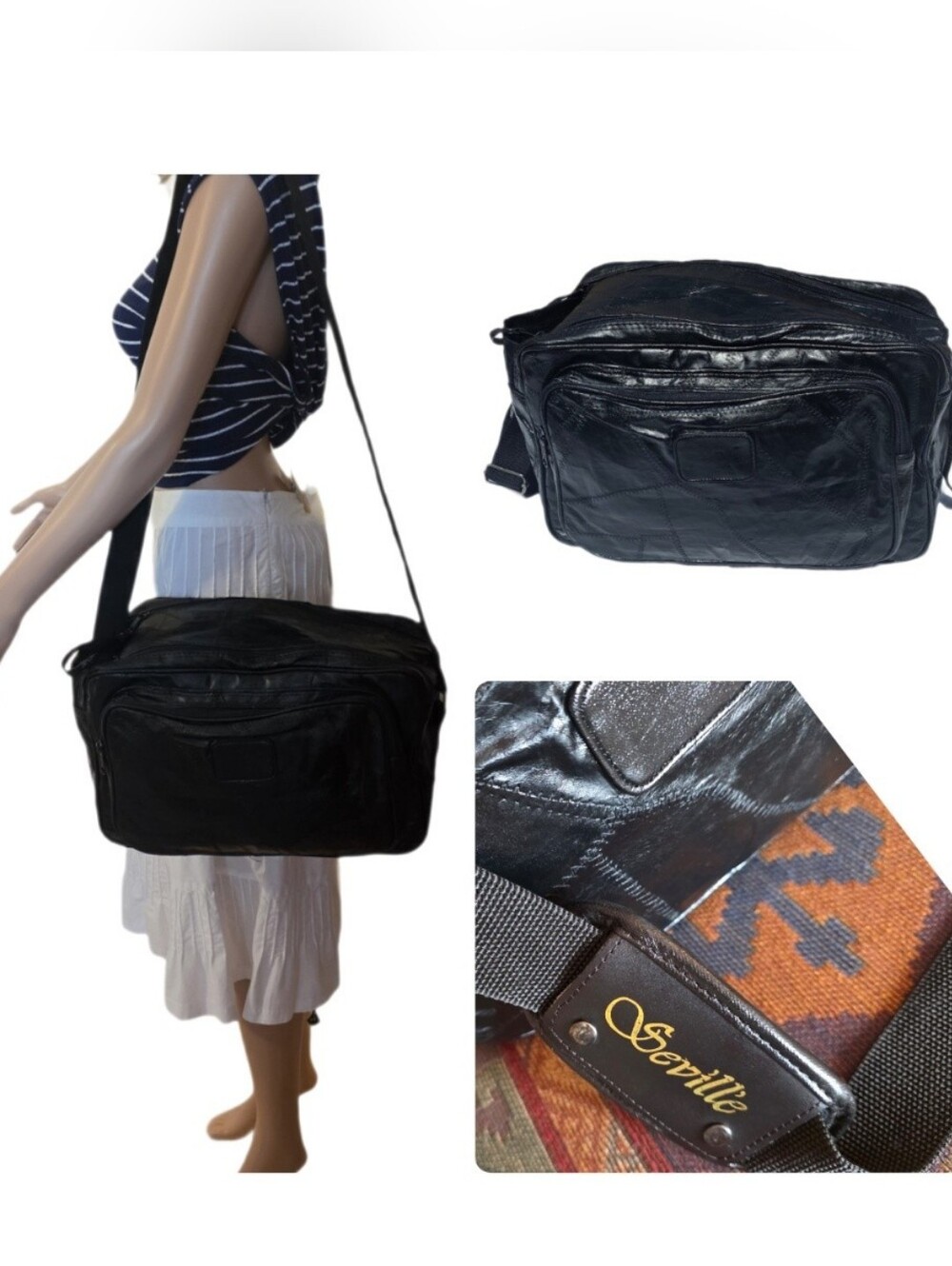 Vintage 90s Seville Unisex Black Patchwork Leather Travel Duffle Bag